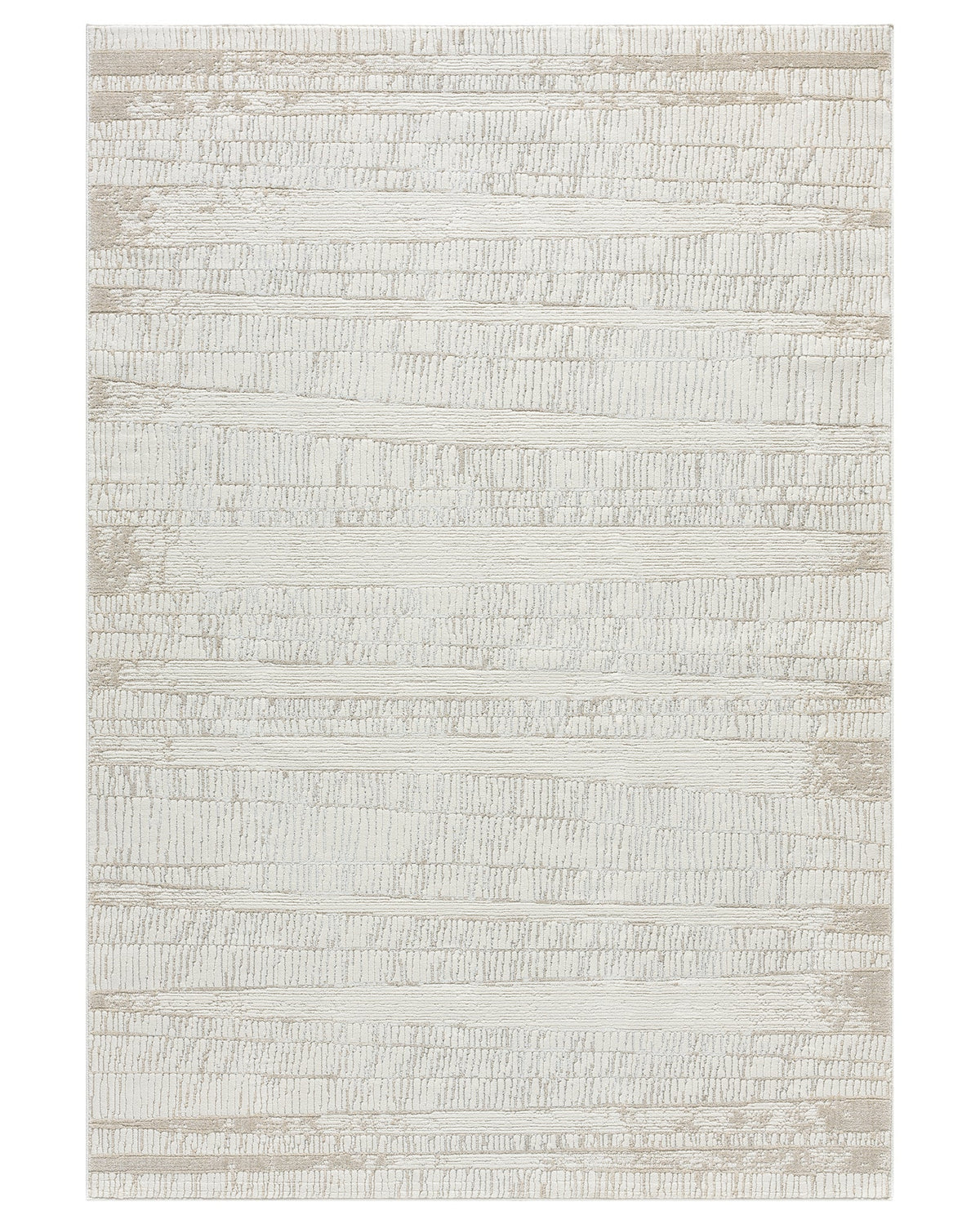 Textured area rug with a neutral color palette on a white background