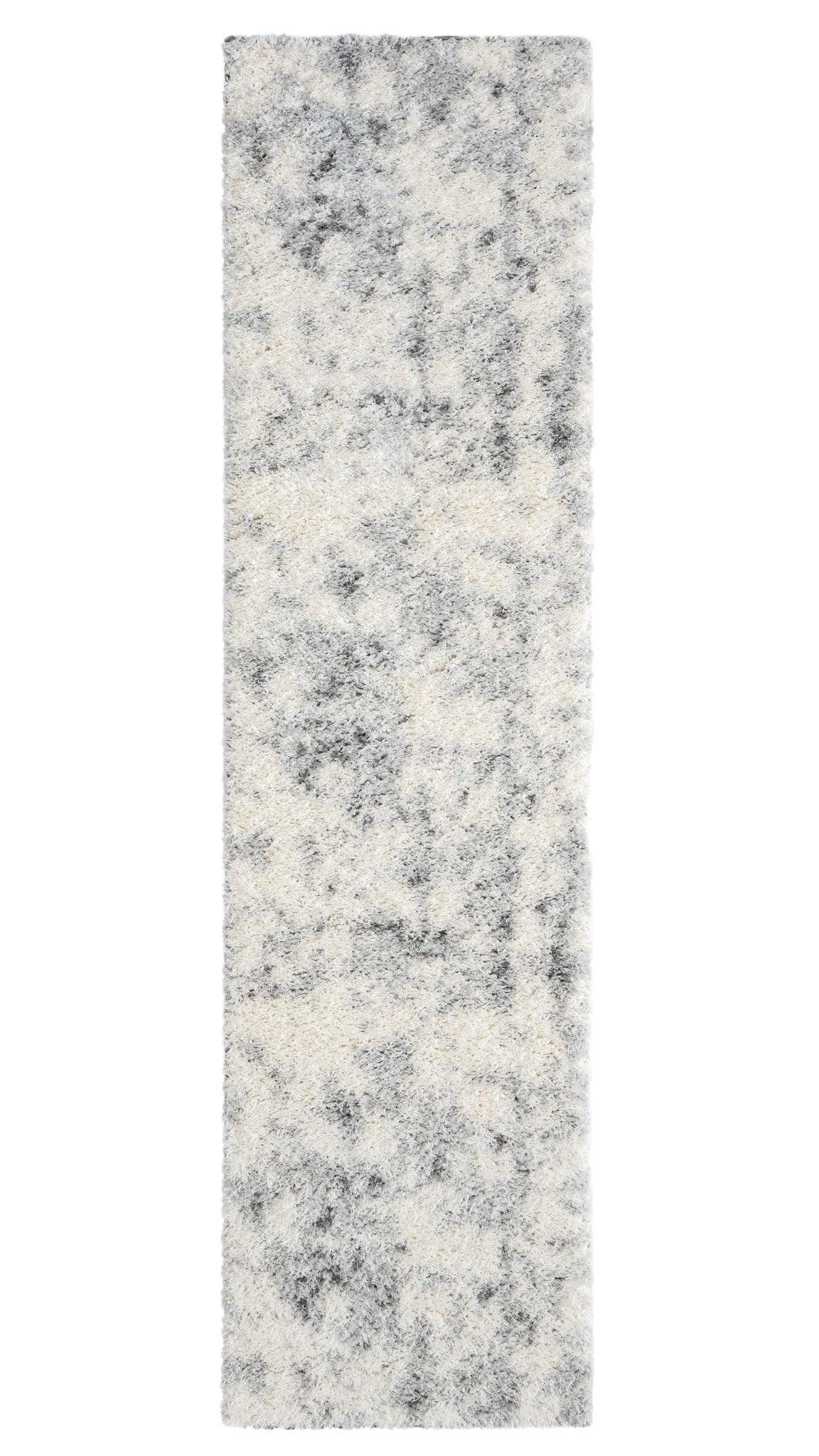 A shaggy style runner rug with a high pile, in an ash gray color, texture-focused image.