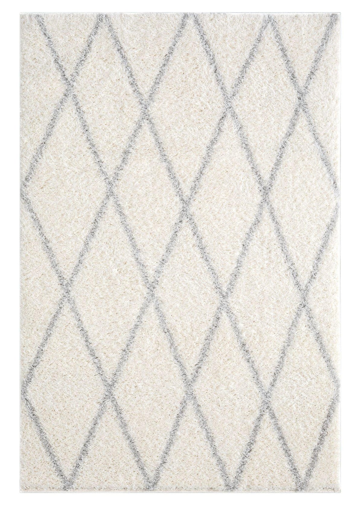 A rectangular shaggy area rug in a sand color with a geometric pattern of diamonds.