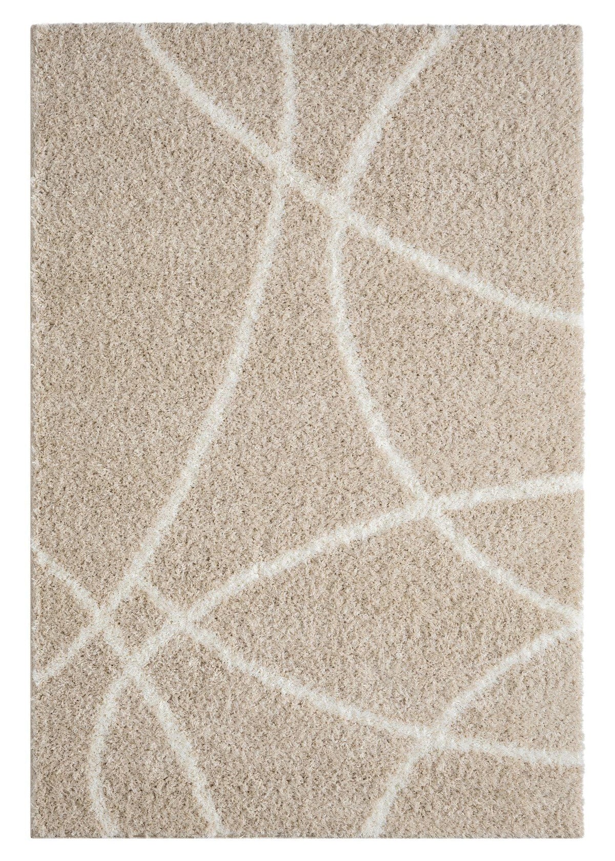 A rectangular shaggy area rug with a fawn color pattern.