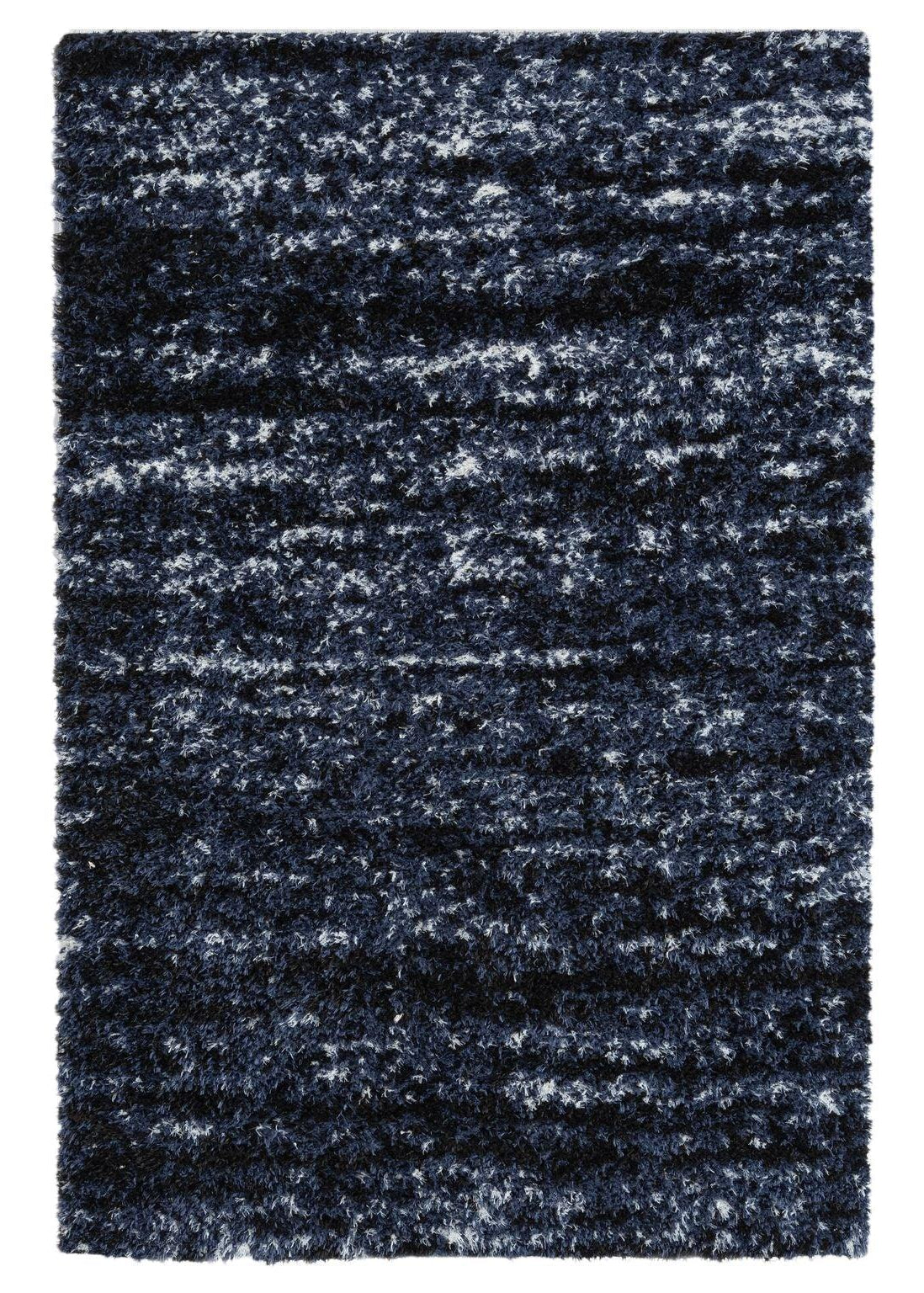 A rectangular shag rug with a black and navy color pattern.