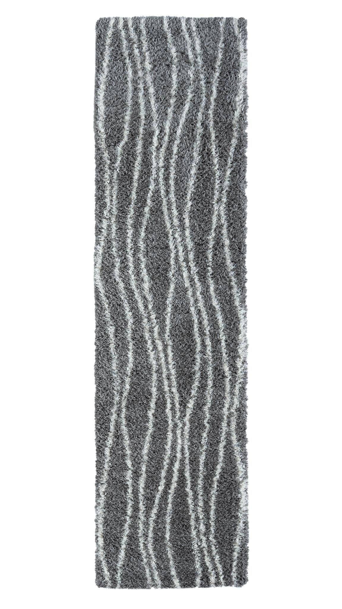 A plush gray shaggy area runner rug with a vertical pattern.