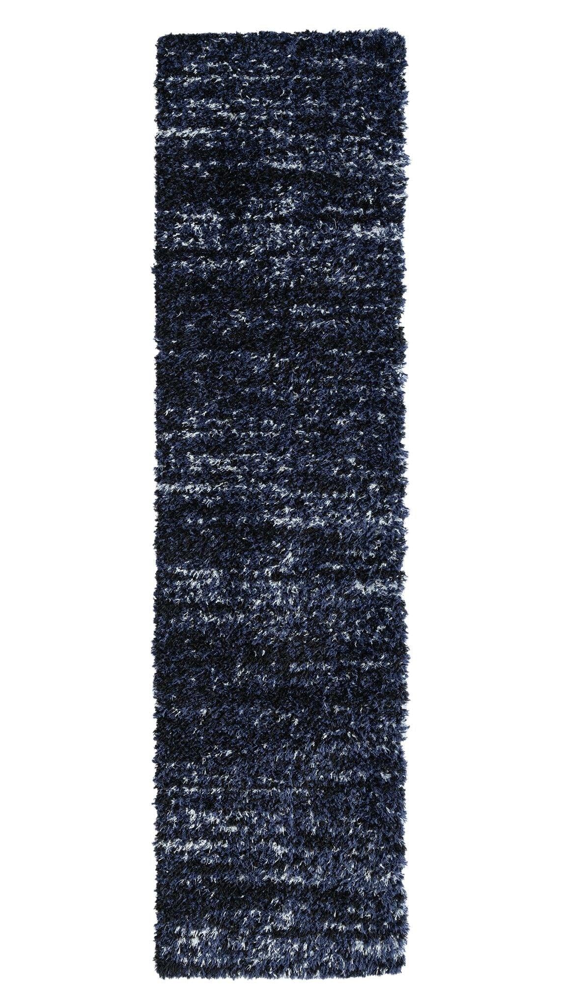 A shaggy black and navy runner rug with a thick pile, power-loomed construction, and no fringes.