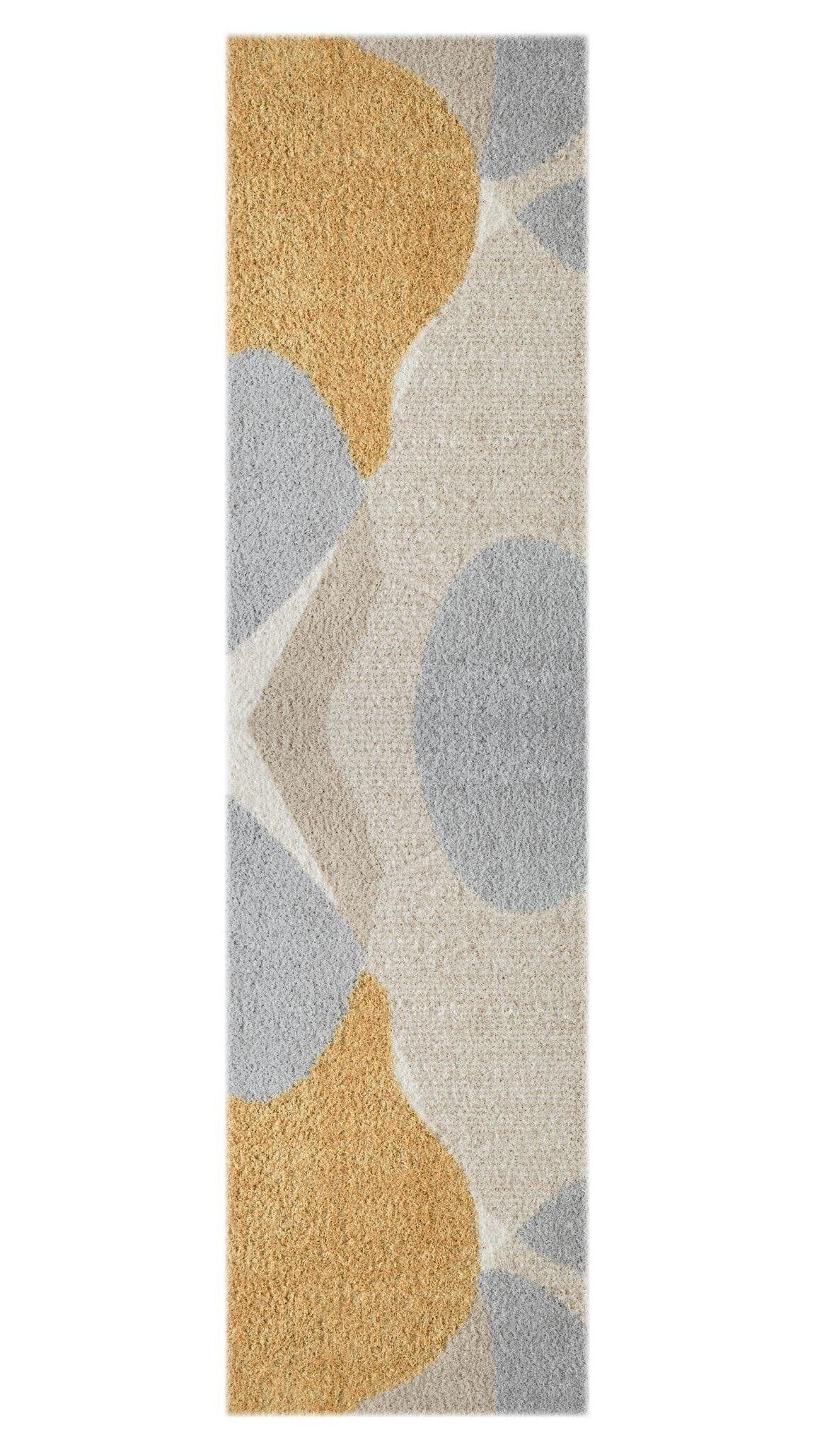 A shaggy multi-colored runner rug with a geometric pattern, featuring shades of gray and yellow.