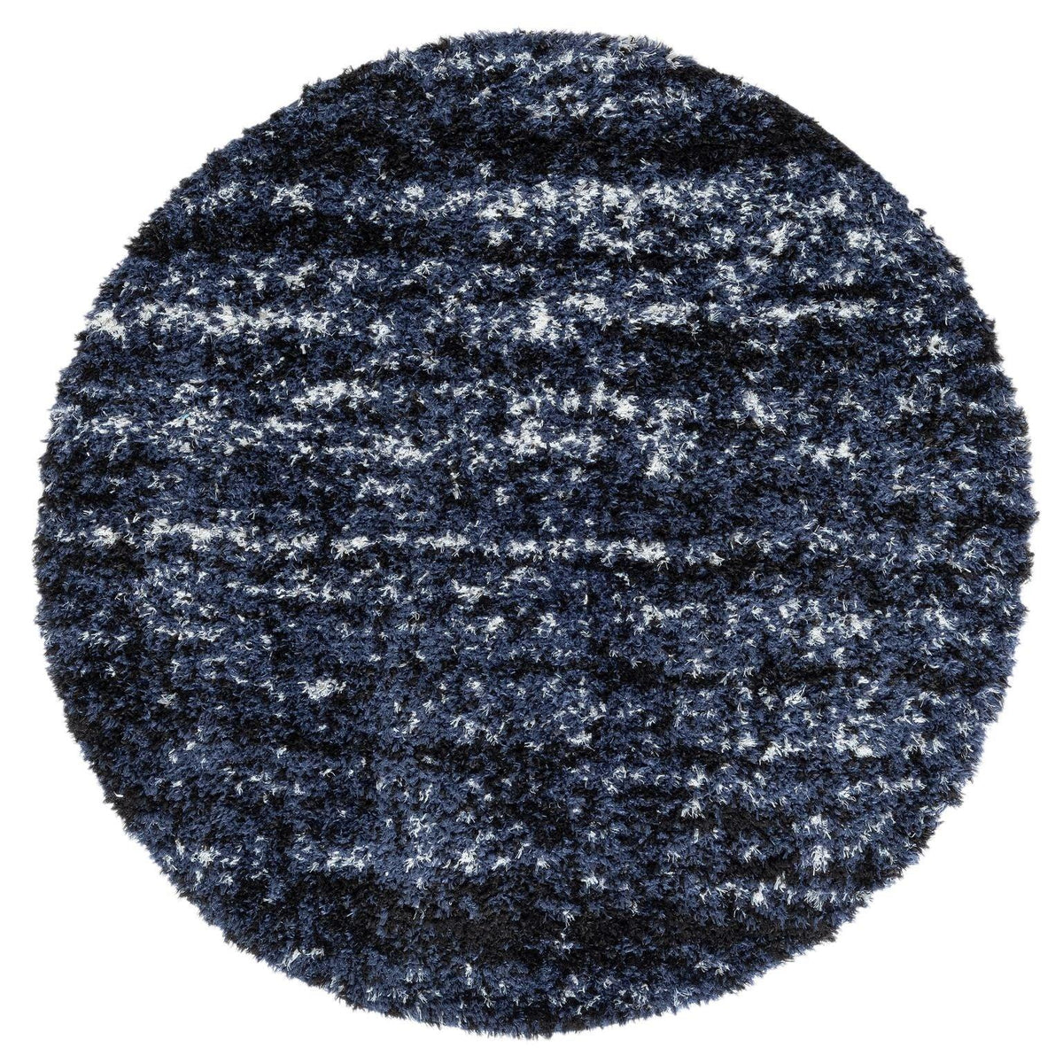 A round shaggy area rug with a mixture of black and navy colors, plush texture, and no visible patterns.