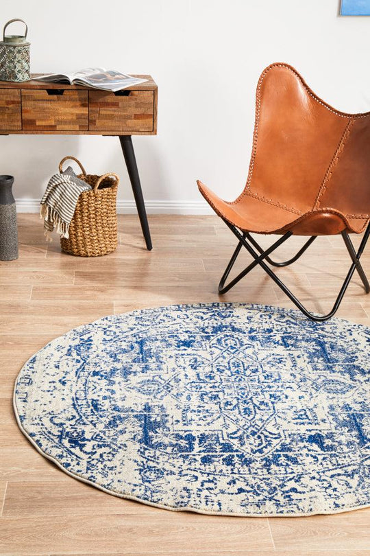 Esme White-Navy Transitional Round Rug