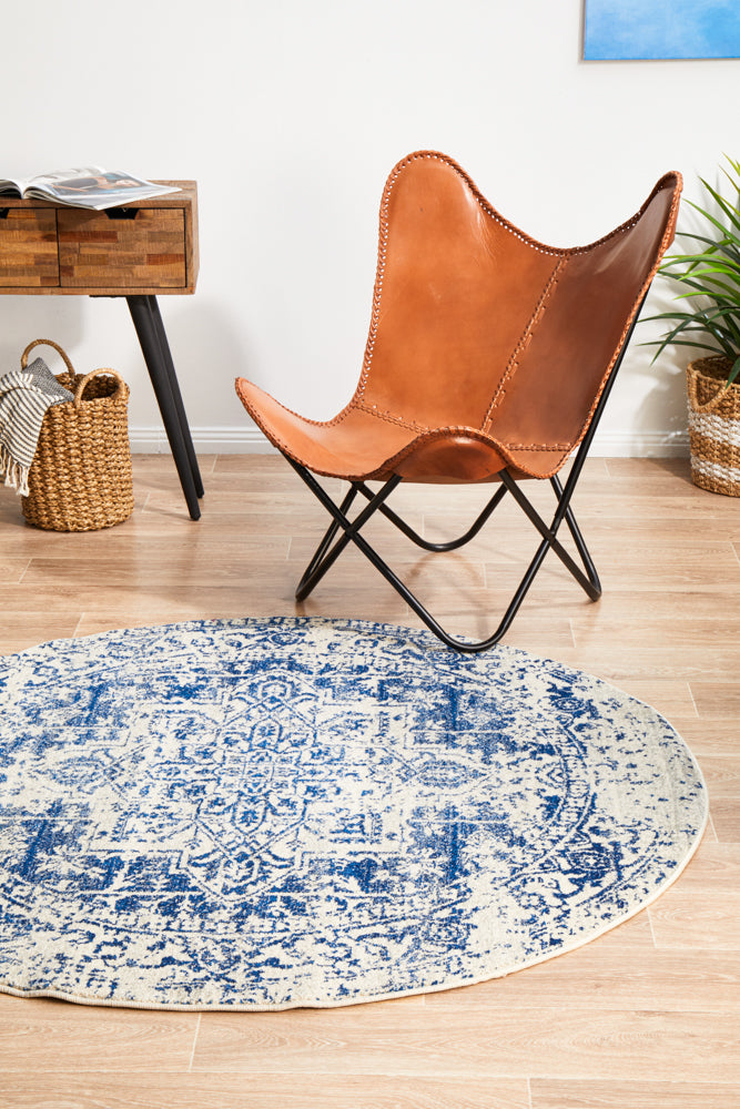 Esme White-Navy Transitional Round Rug