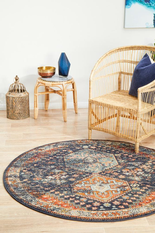 Artin Power Loomed Navy Round Rug