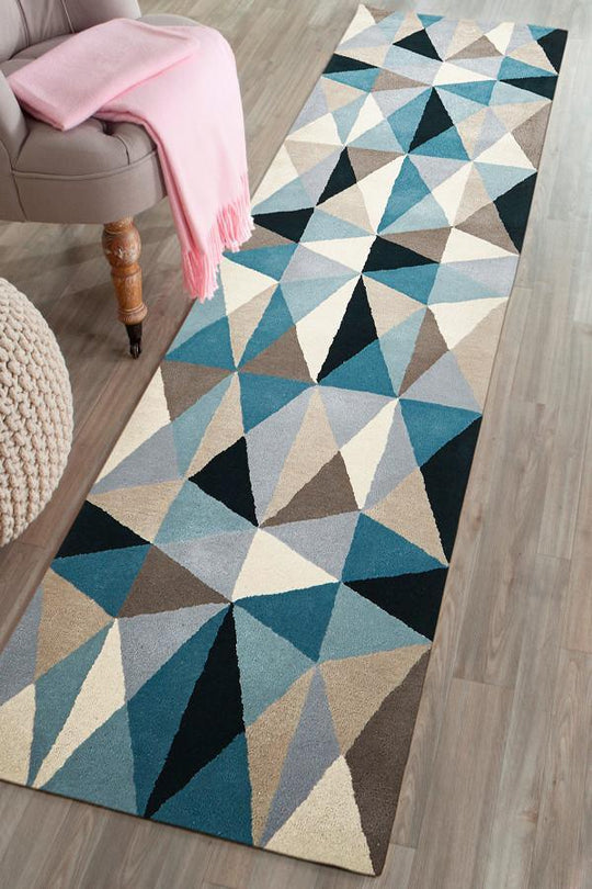 Gem Stone Designer Wool Blue  Runner Rug