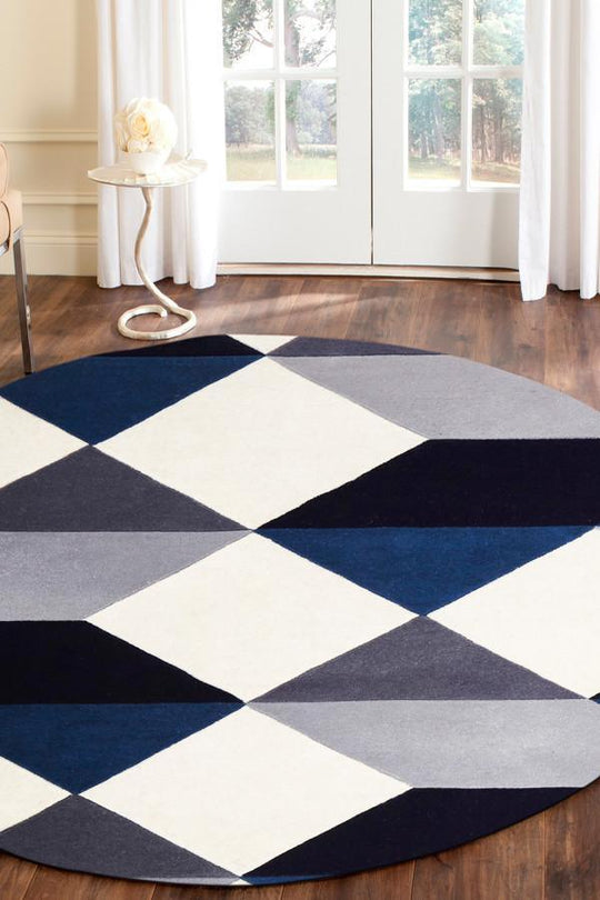 Digital Designer Wool Blue Grey White  Round Rug