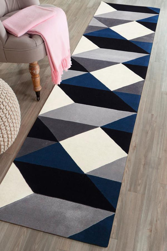 Digital Designer Wool Blue Grey White Runner Rug Rug