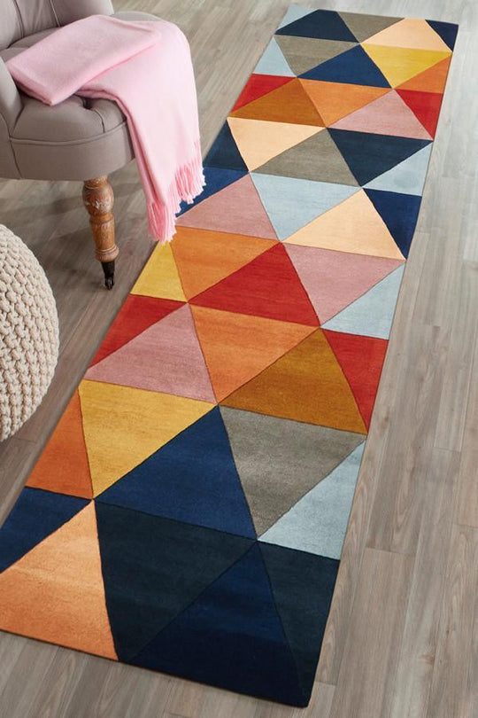 Prism Designer Wool Rust Blue Navy Runner Rug