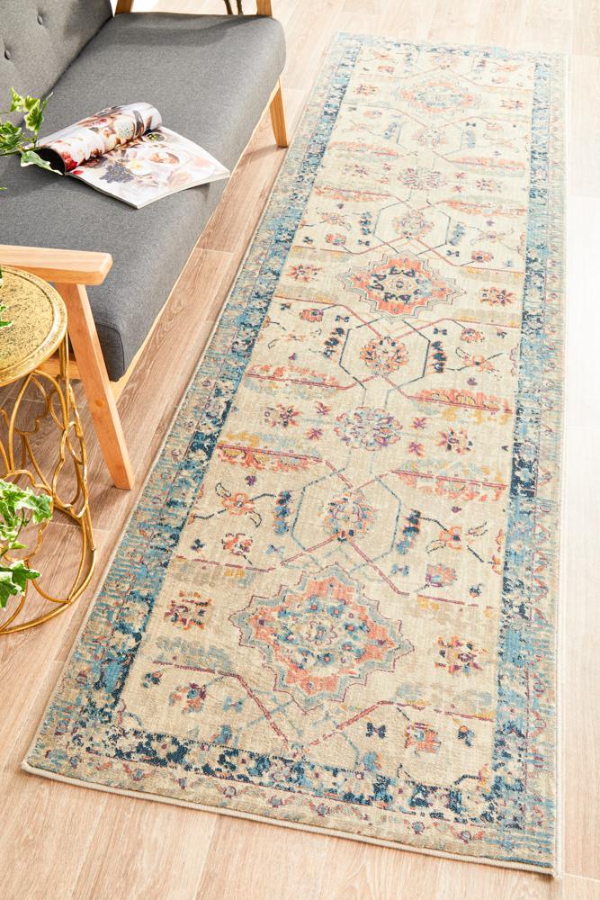 Helena Traditional Floral Faded Bone Modern Rug  Runner 80X 300CM