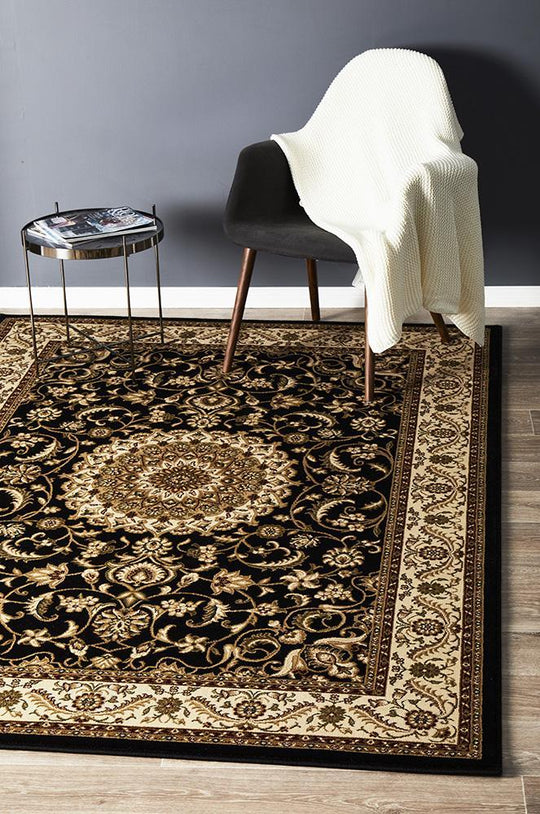 Persian Design Medallion Rug Black with Ivory Border