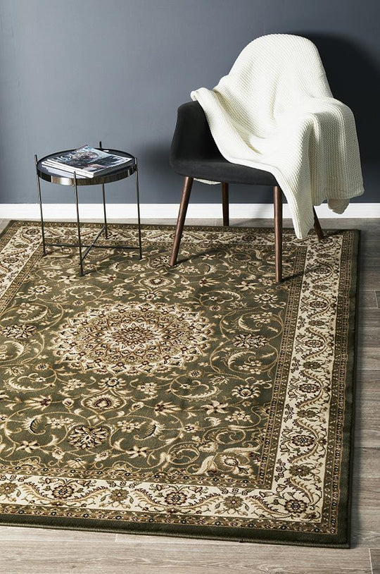 Persian design Medallion Rug Green with Ivory Border