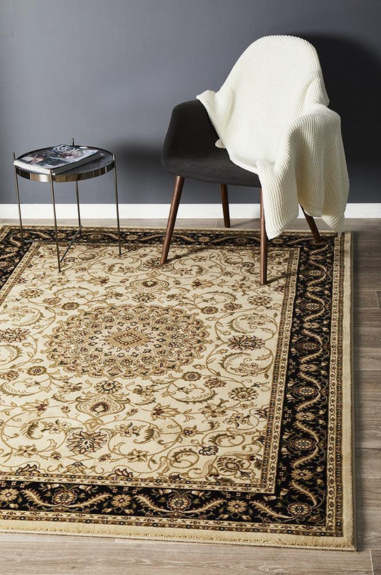 Persian design Medallion Rug Ivory with Black Border
