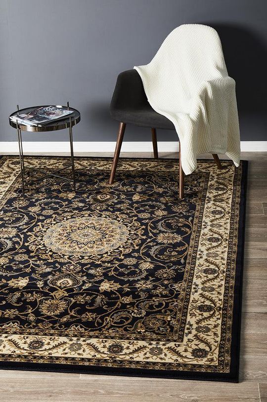 Medallion Design Rug Dark Nevy with Ivory Border