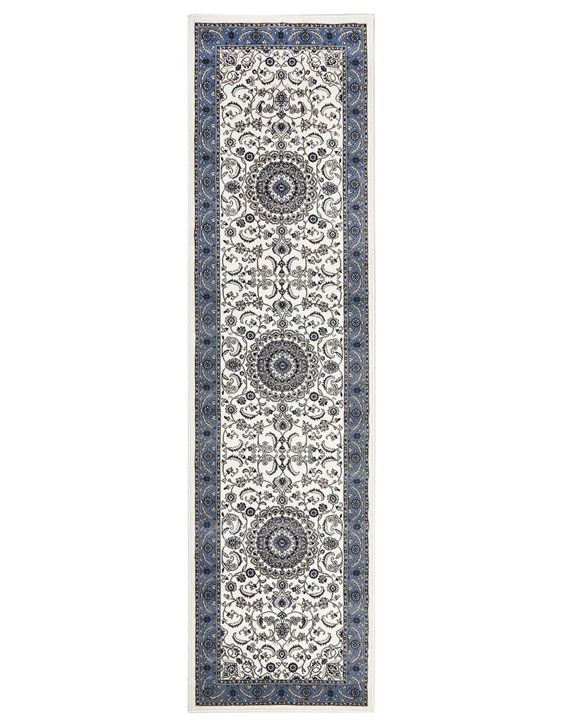 Persian Nain Design  Medallion Rug Runner White with Blue Border